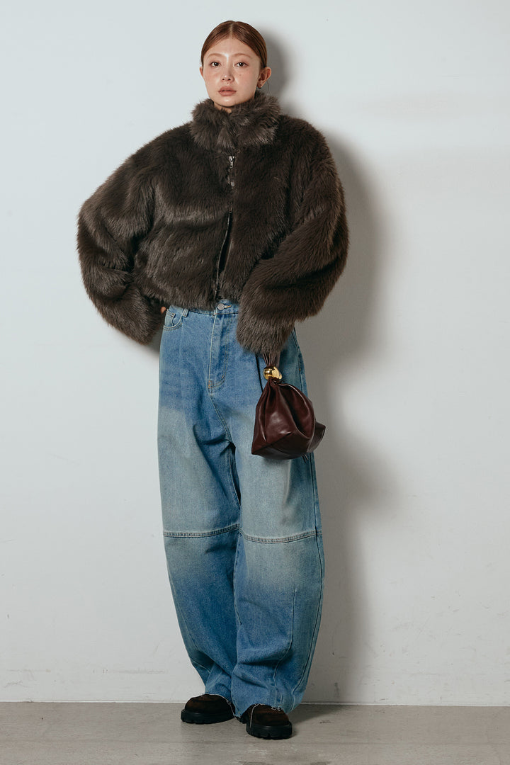 [SET]エコファーショート丈ブルゾン+加工デニムタックコクーンワイドパンツ(2set)