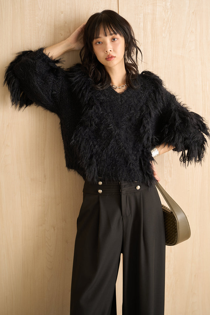 [SET]ランダムロングシャギーVネックニット+ナポレオンボタンデザインワイドパンツ(2set)