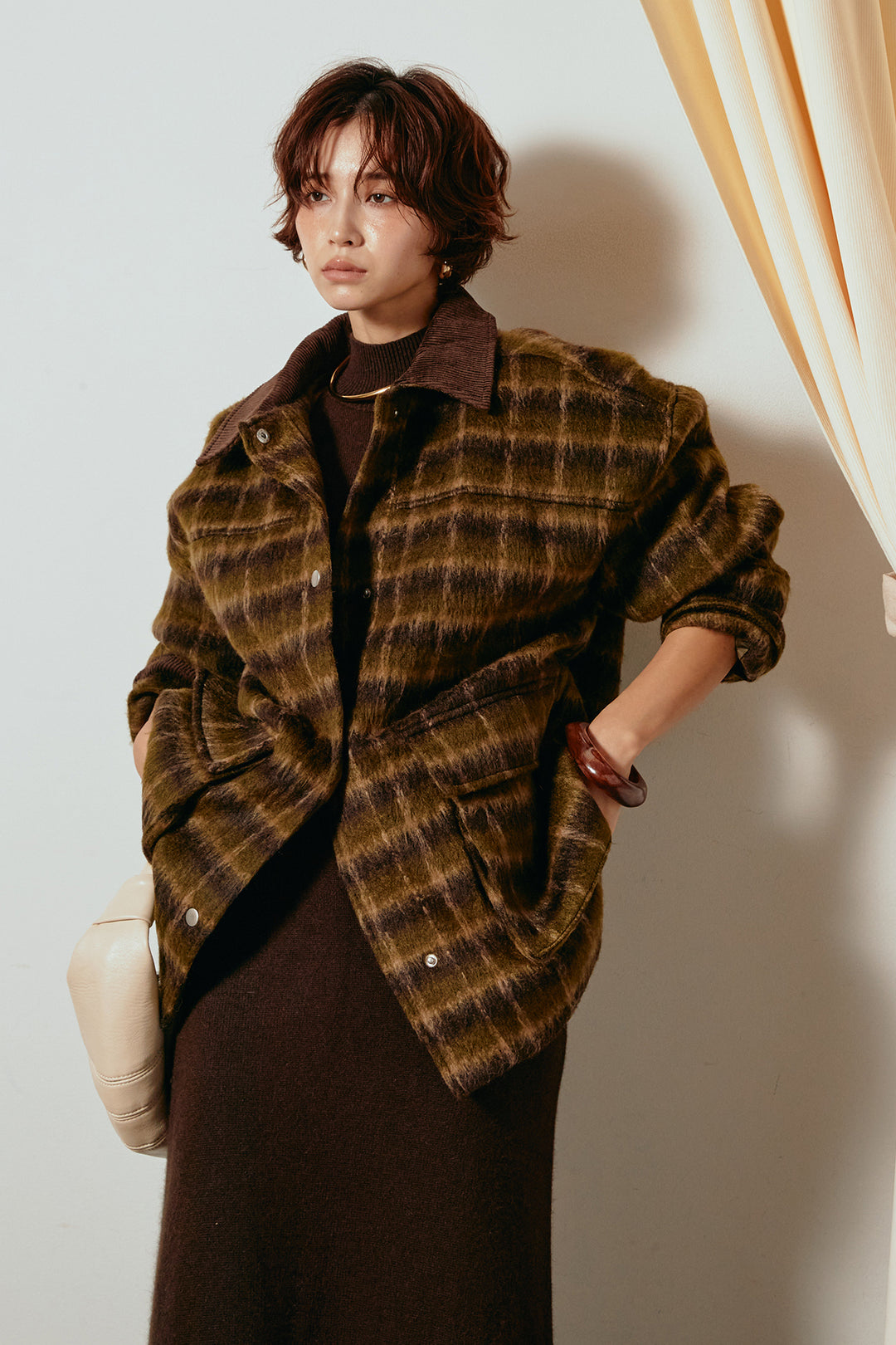 [SET]チェックシャギーミドルカバーオール+ノースリーブニットロングワンピース(2set)