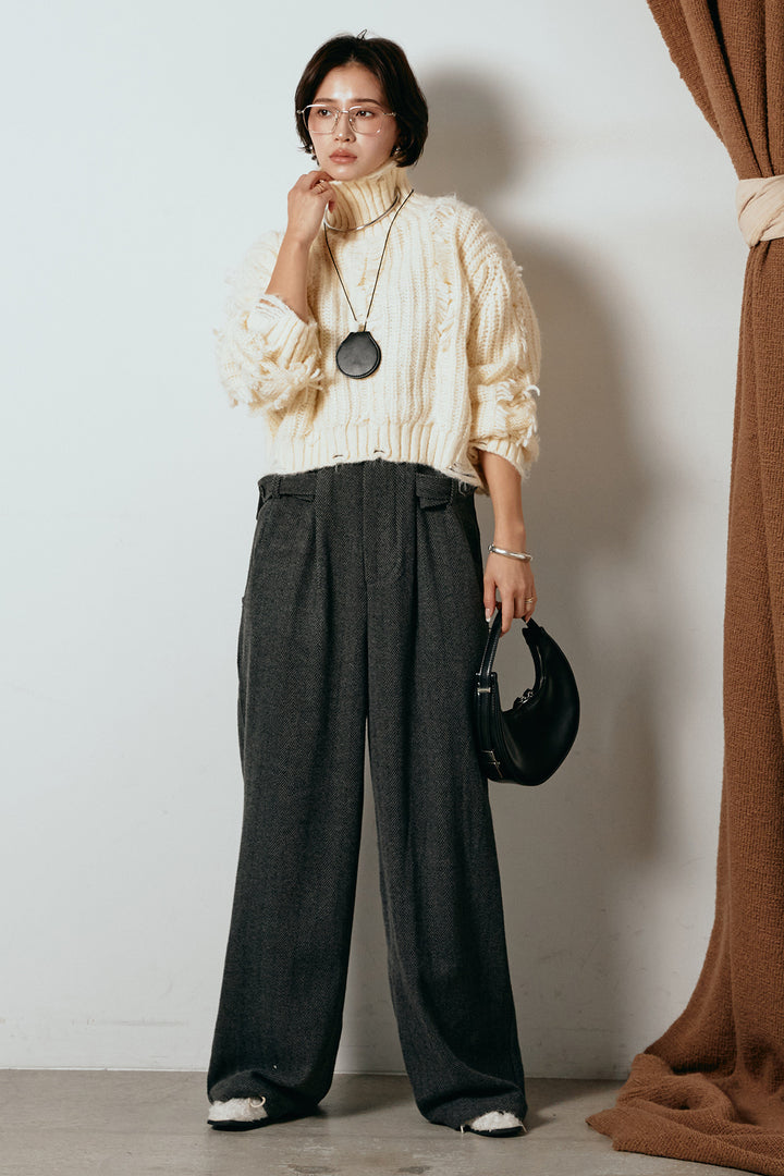 [SET]フリンジタートルショートニット+クラシックヘリンボーンサロペット(2set)