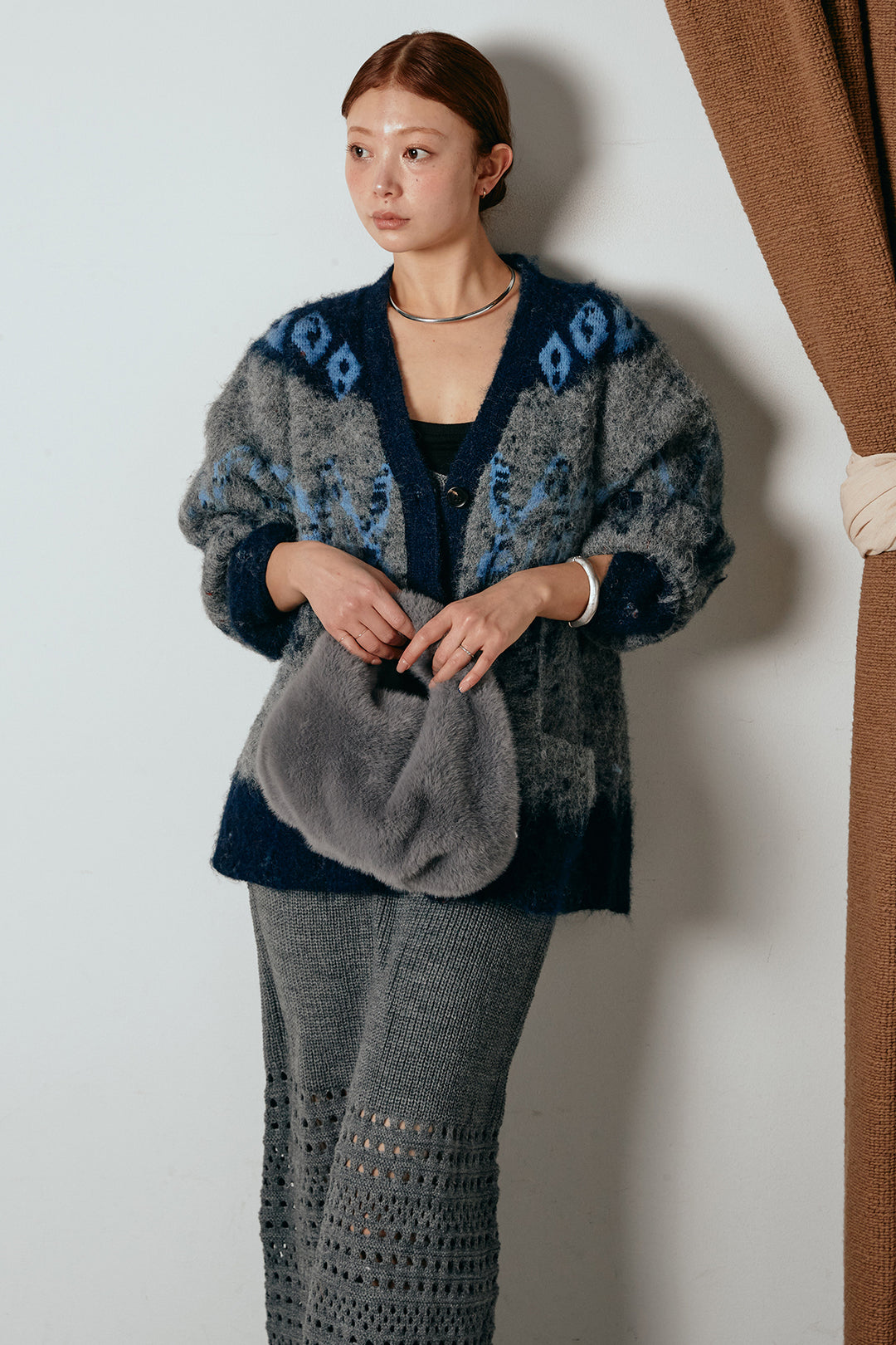 [SET]シャギーニュアンス柄ニットカーディガン+裾透かし編みキャミソールニットワンピース(2set)