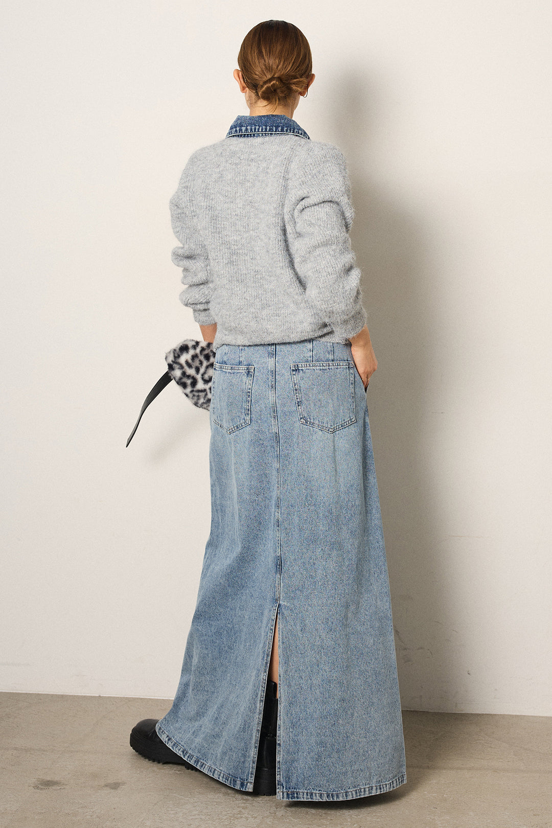 [SET]襟付きデニム切替ニットカーディガン+デニムロングフレアスカート(2set)