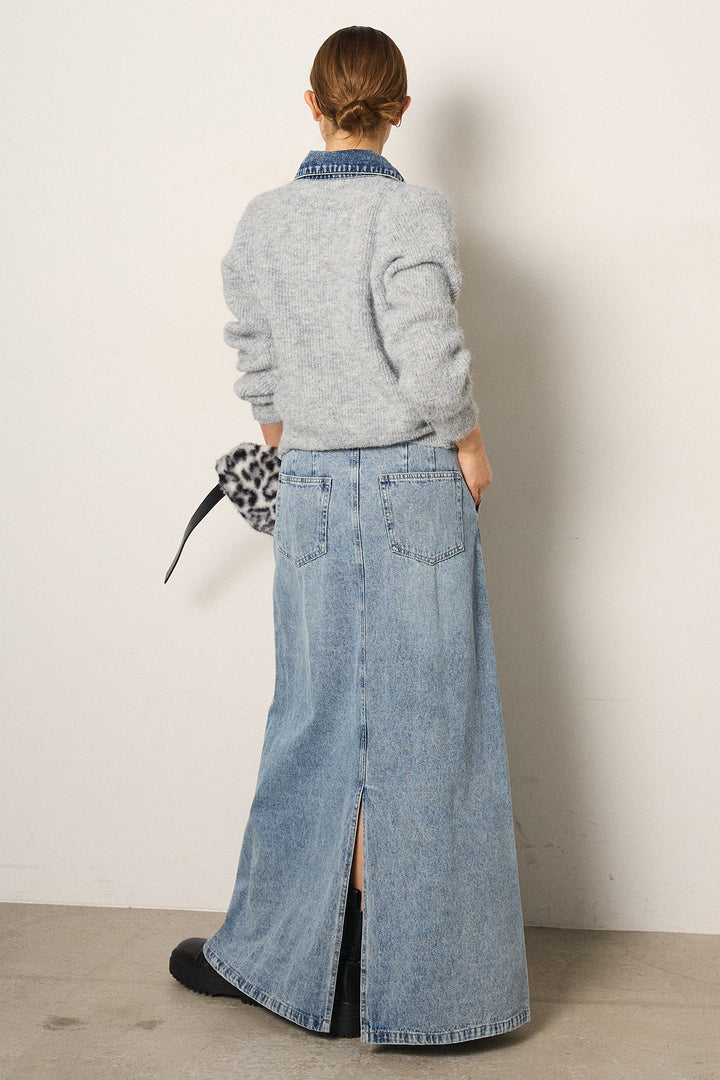 [SET]襟付きデニム切替ニットカーディガン+デニムロングフレアスカート(2set)