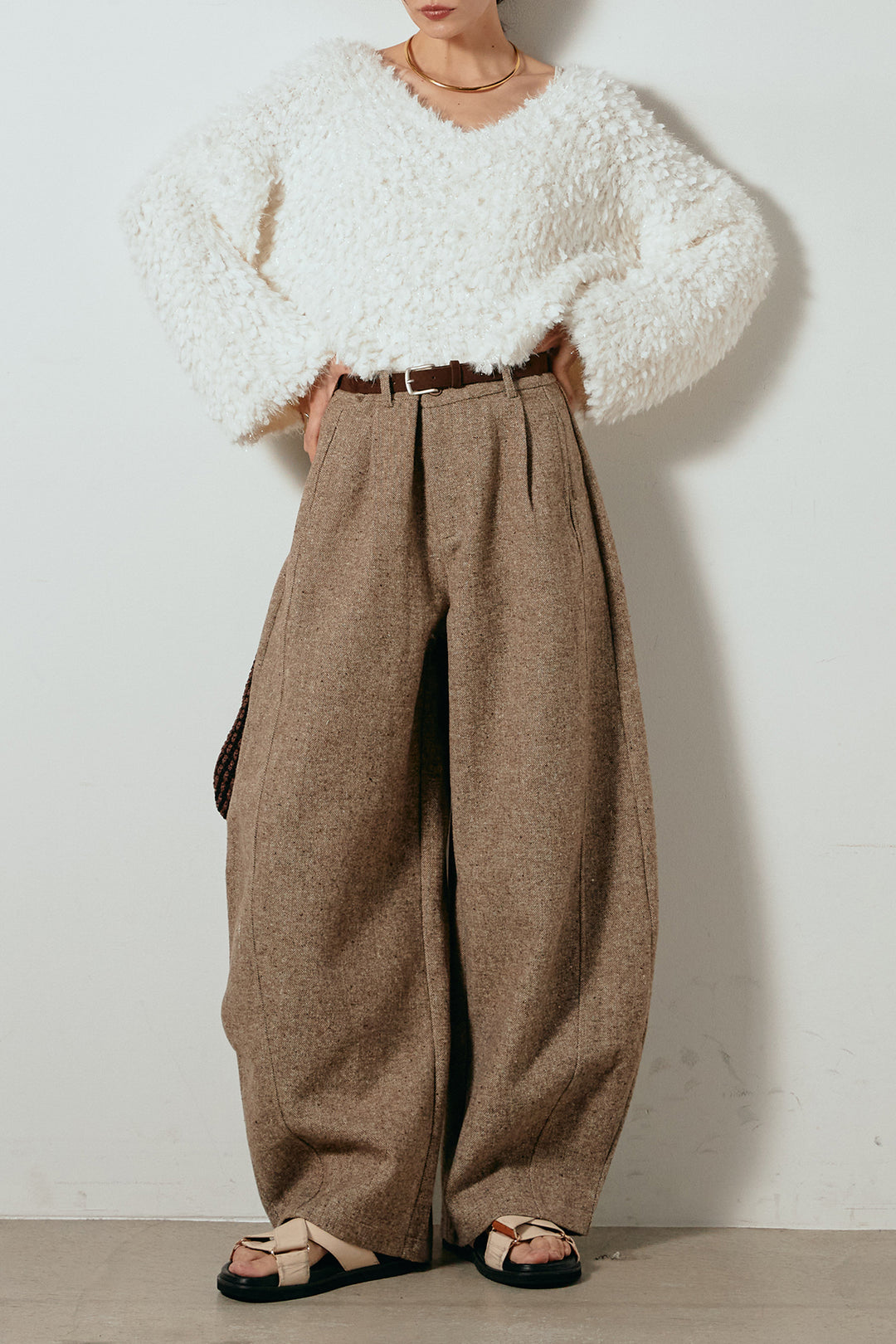 [SET]深Vネックチョウチョヤーンニットトップス+ベルト付きネップツイードカーブパンツ(2set)