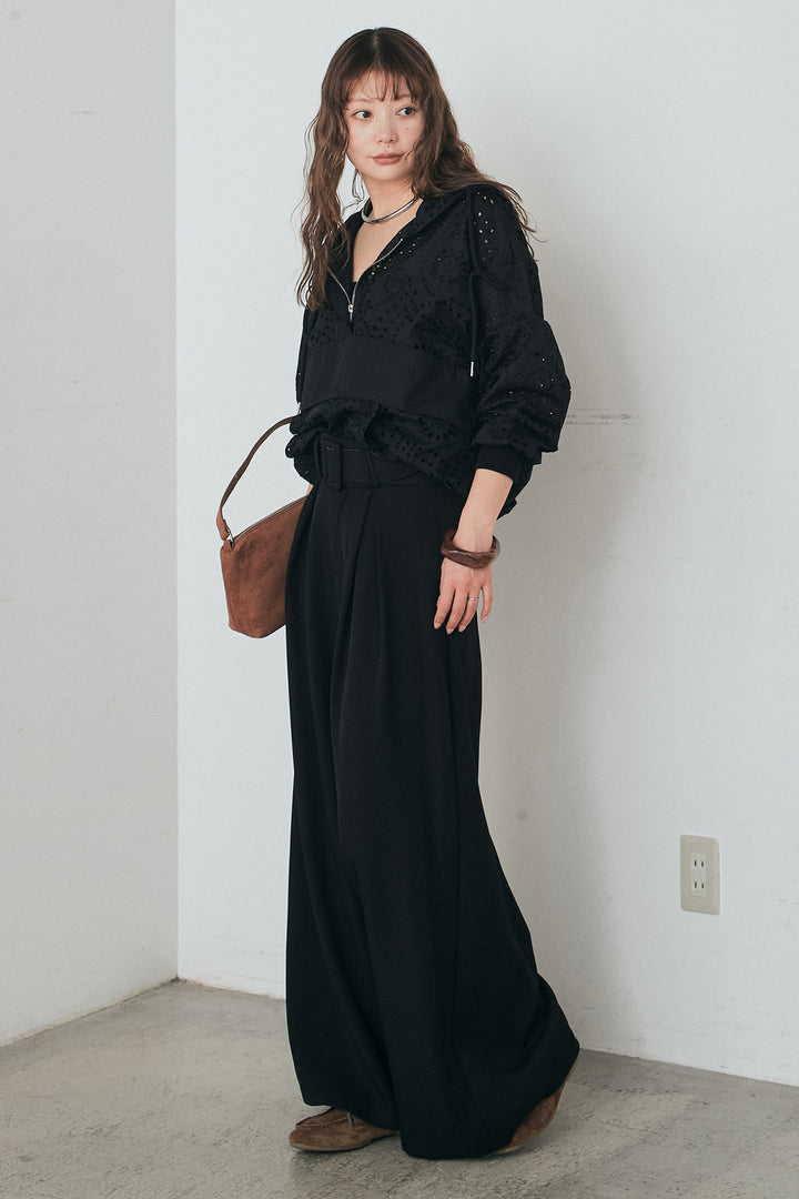 [SET]レースハーフジップアップフーディー+ベルト付きツータックワイドパンツ(2set)