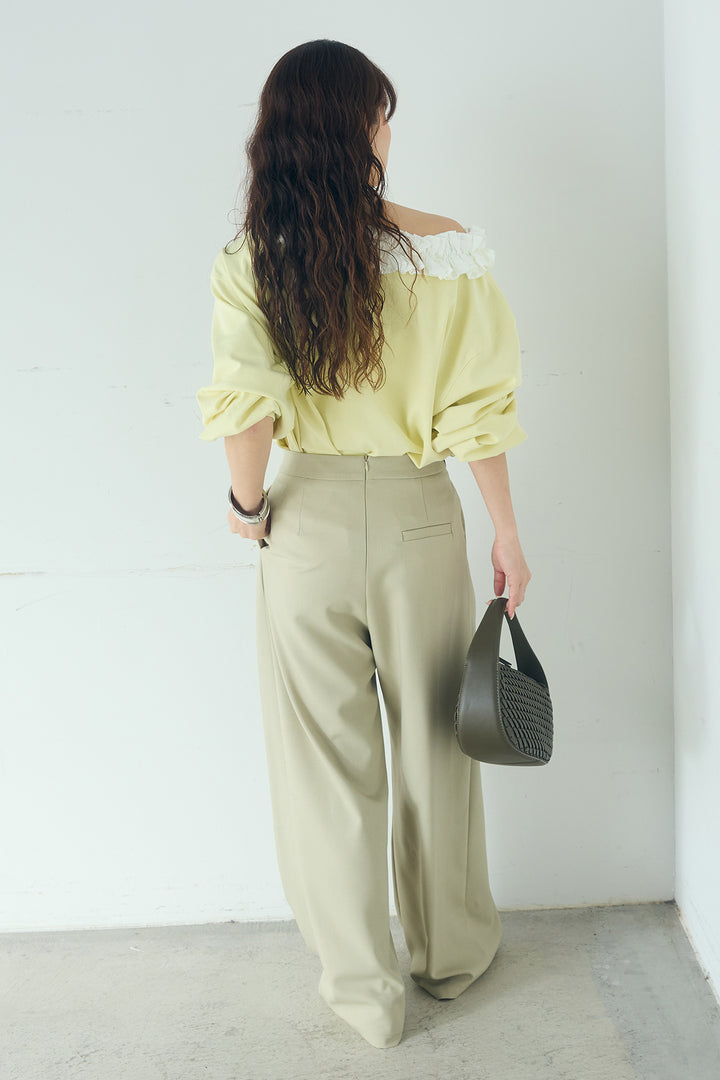 [SET]ネックギャザーフリルスウェット+サイドベルトタック入りスラックス(2set)