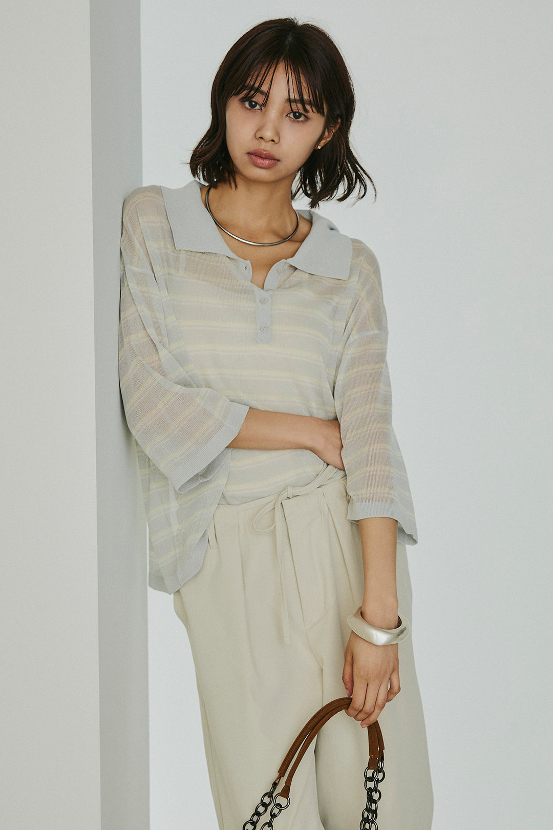 [SET]ボーダーニットポロシャツ+ニーサイドタックウエストドロスパンツ(2set)