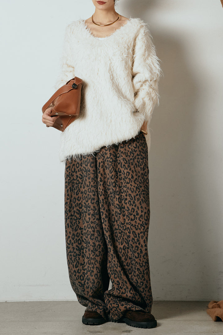 [SET]深Vネックシャギーニットトップス+リラックスレオパード柄ワイドパンツ(2set)
