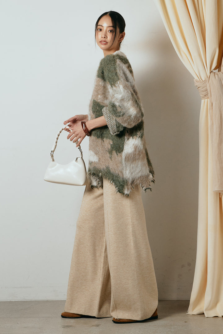 [SET]起毛裾デザインニュアンス柄ニットトップス+センターラインニットパンツ(2set)