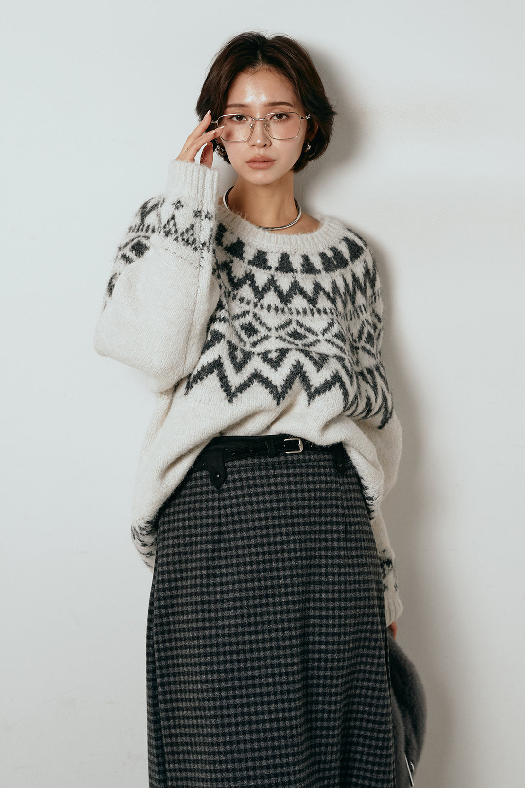 [SET]ノルディック柄Uネックプルオーバー+スエード調ベルト付きチェックナロースカート(2set)