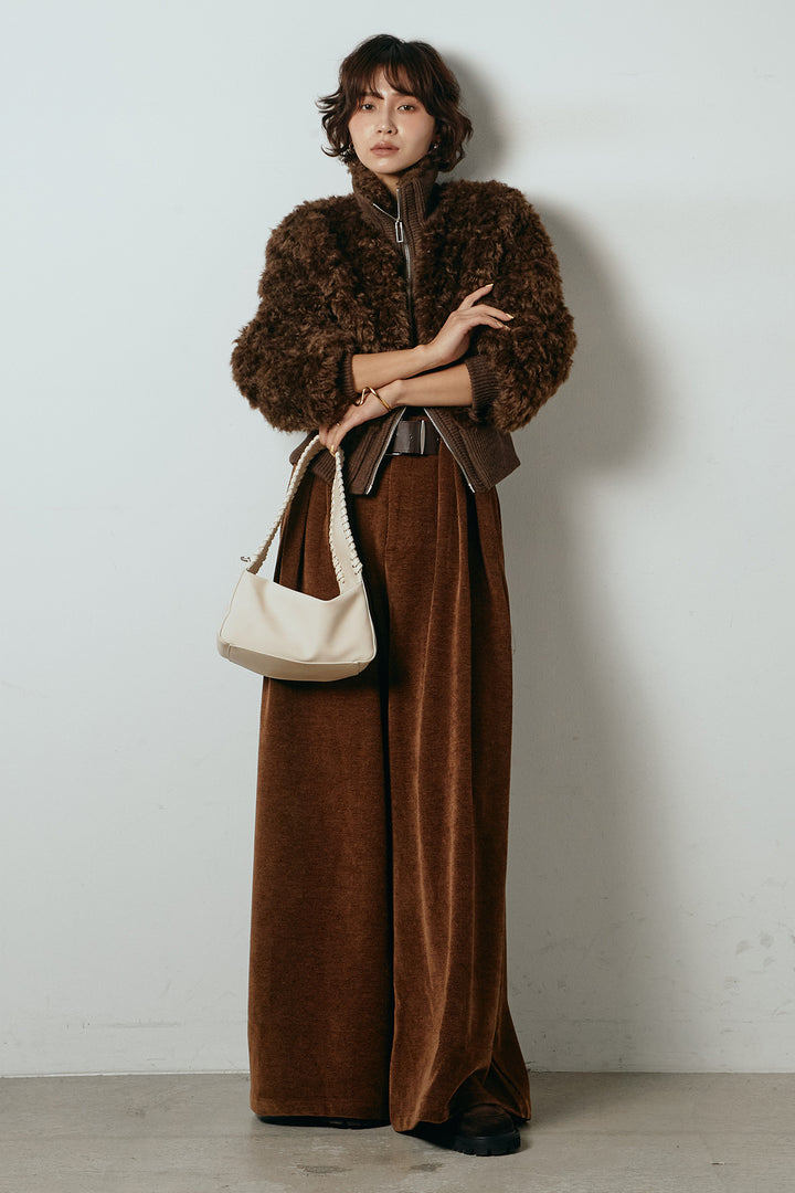 [SET]ハイネックショート丈ボアジップブルゾン+ベルトループコーデュロイワイドパンツ(2set)