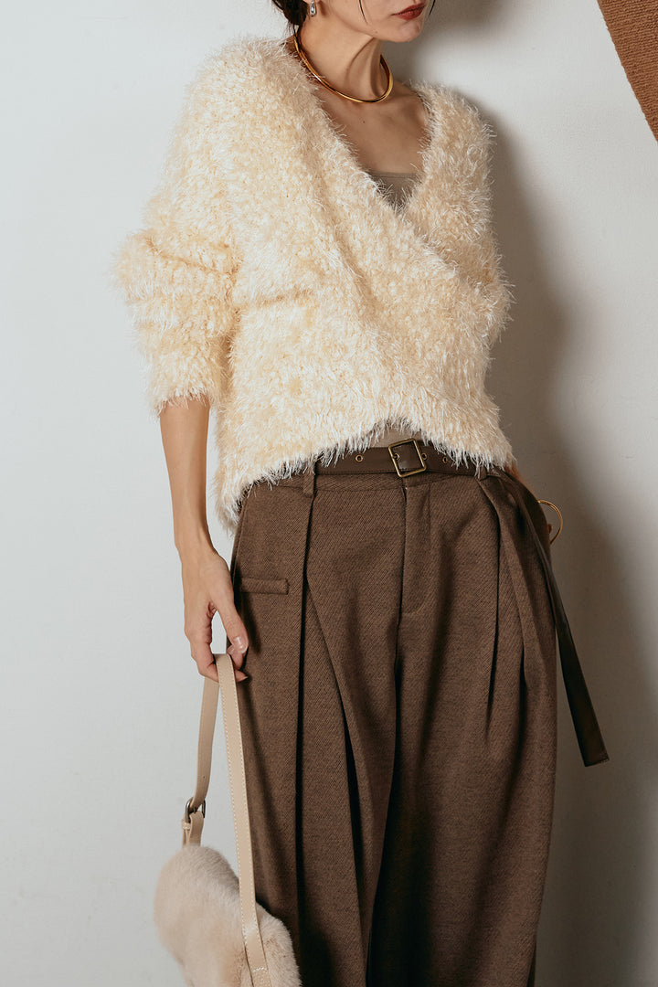 [SET]シャギークロスニットトップス+細ベルト付き起毛タックワイドパンツ(2set)