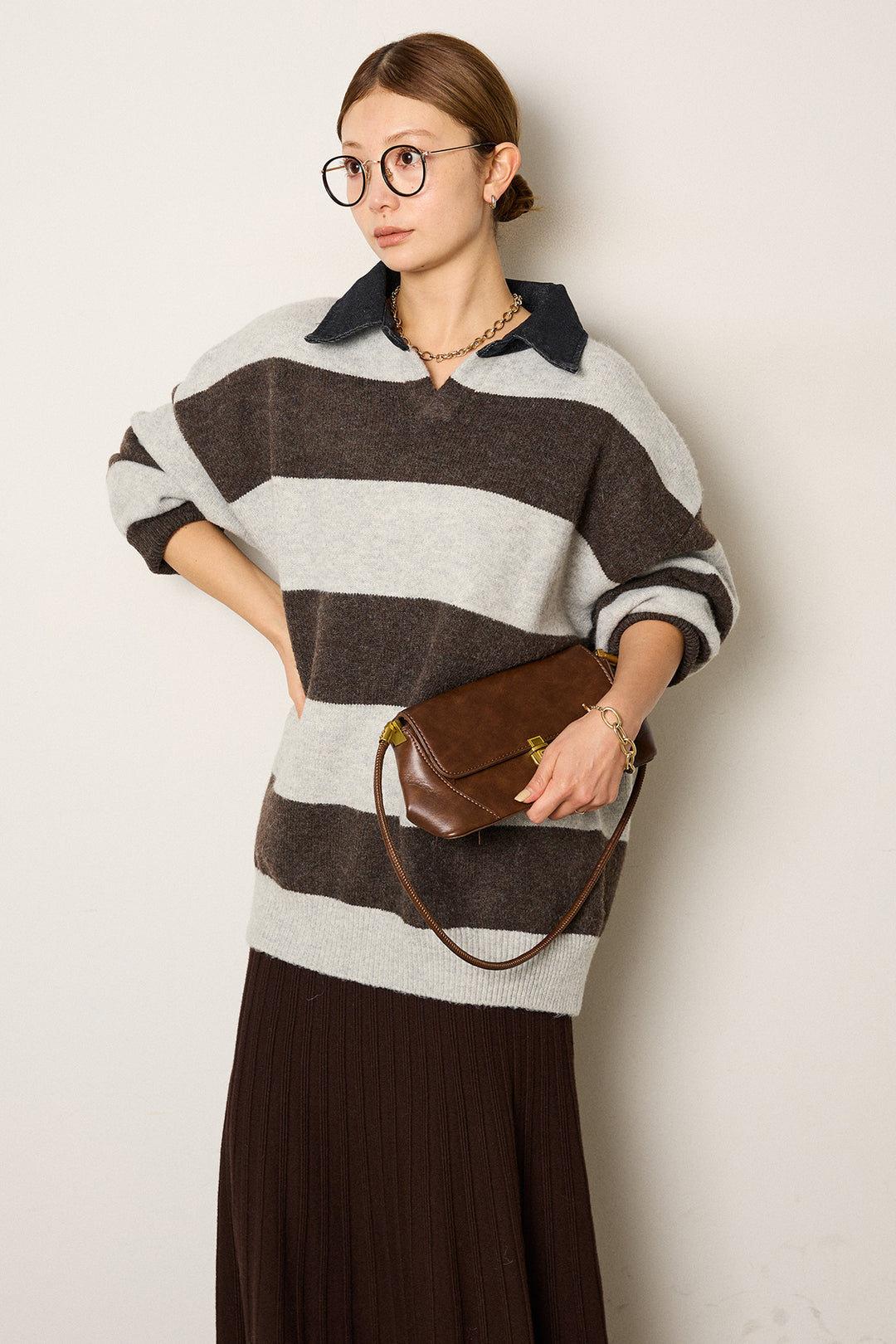 [SET]デニムカラーボーダールーズニット+編み地切り替えフレアニットスカート(2set)