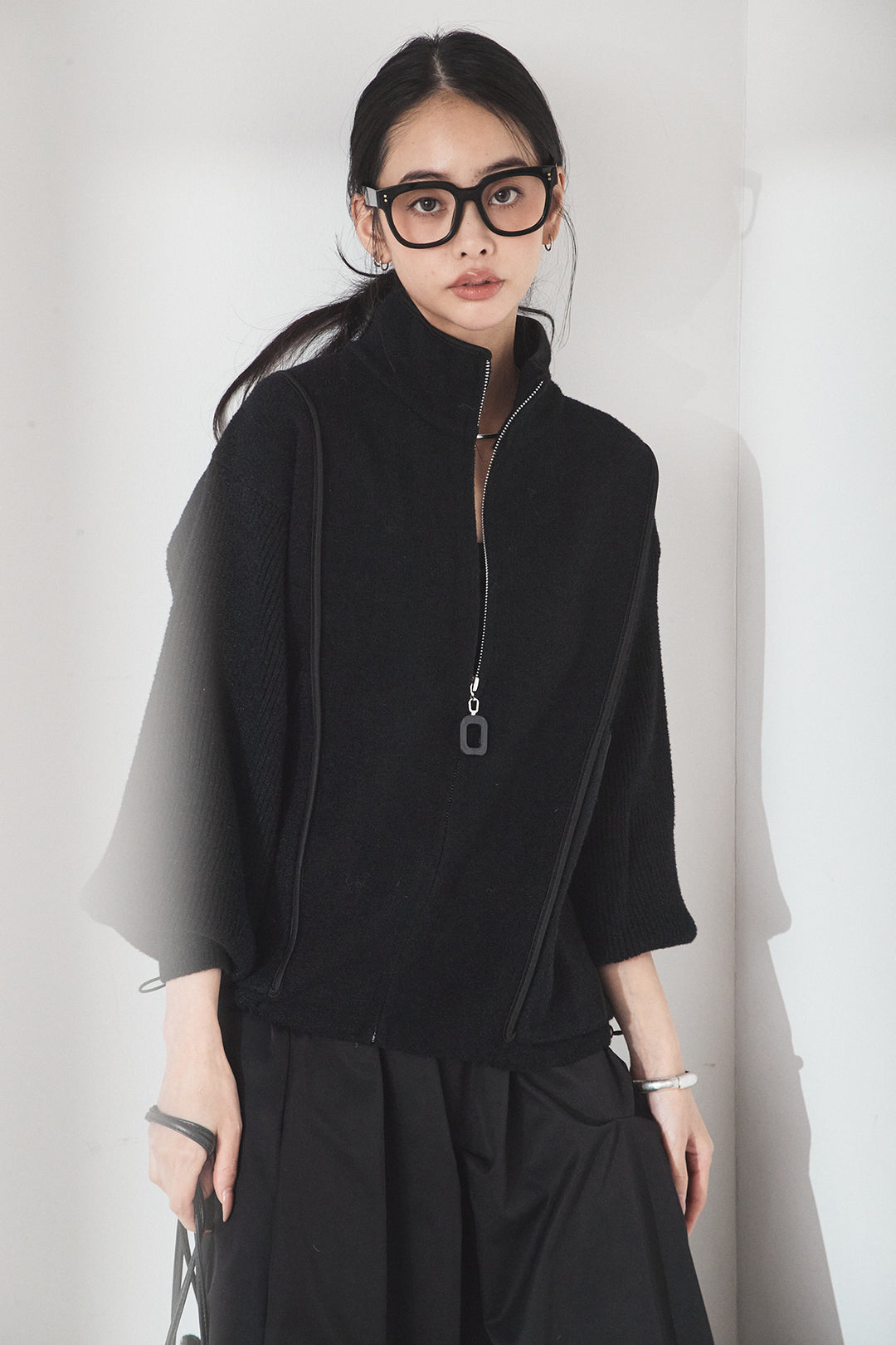 [SET]ハイネックパイピングデザインブルゾン+ランダムタックバルーンスカート(2set)