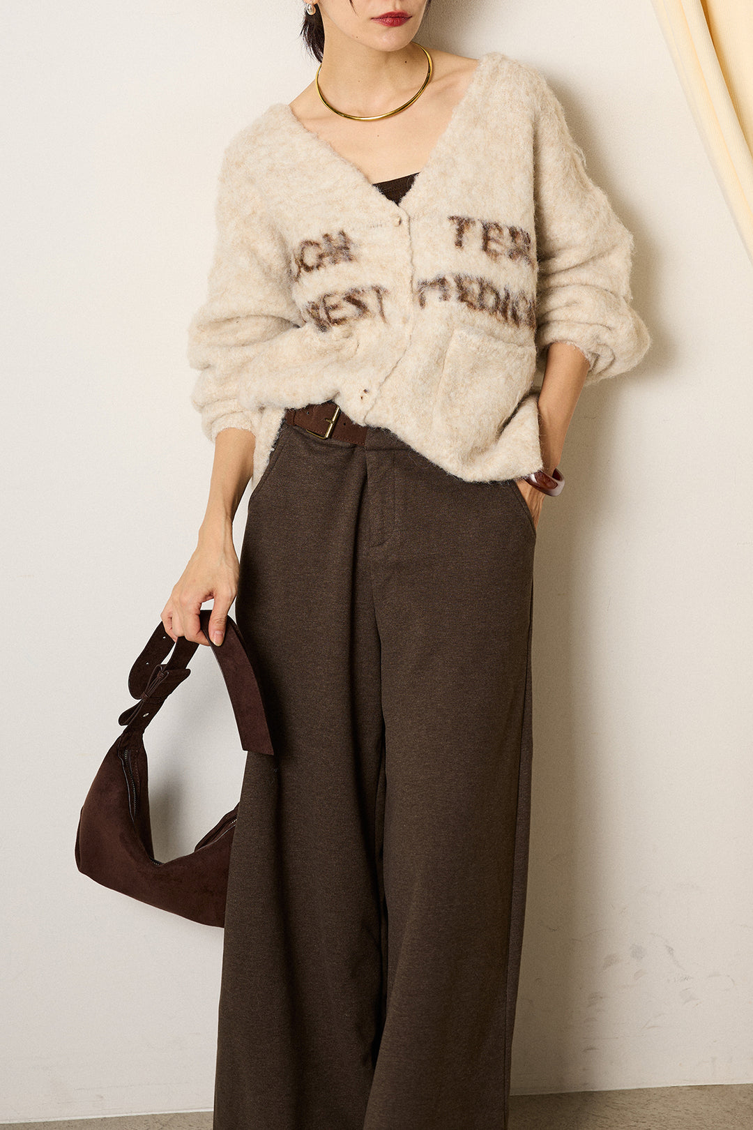 [SET]ウール混透かしロゴニットカーディガン+サイドベルトパンツ(2set)