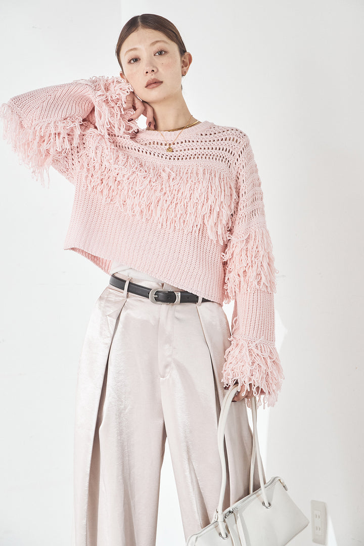 [SET]メッシュフリンジ切り替えプルオーバー+サテンタックワイドパンツ(2set)