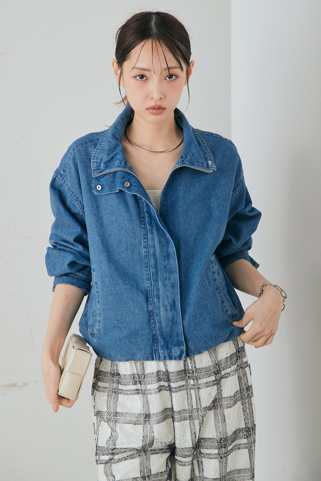 [SET]スタンドカラーデニムブルゾンジャケット+レースチェックワイドイージーパンツ(2set)