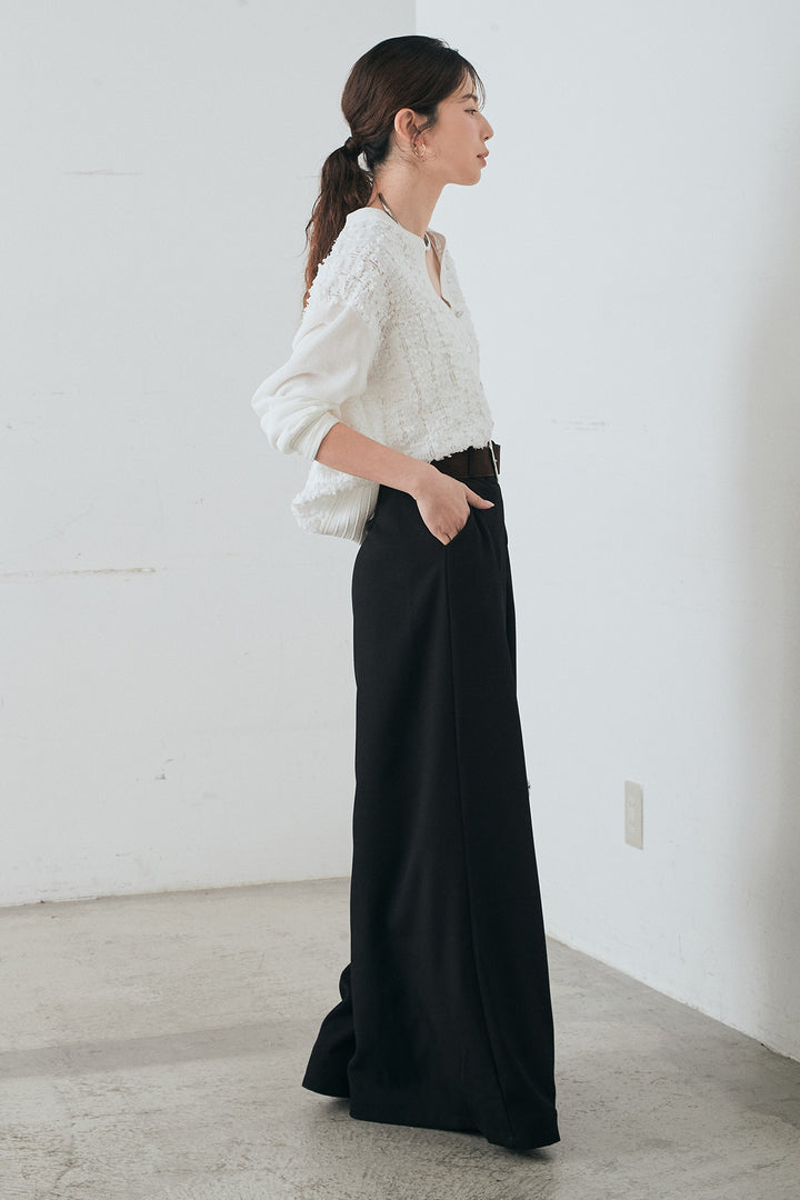 [SET]モコレースVネックカーディガン+太ベルト付きフロントタックパンツ(2set)