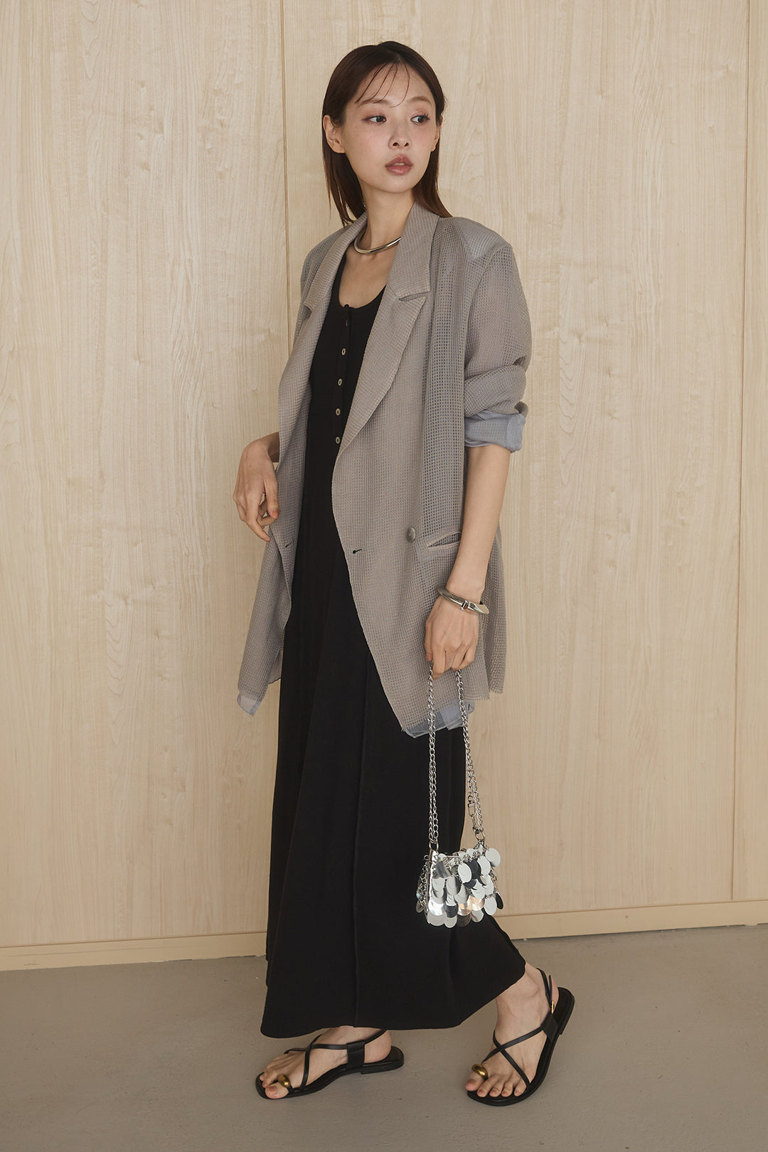 [SET]メッシュテーラードワイドジャケット+ノースリロングワンピース(2set)