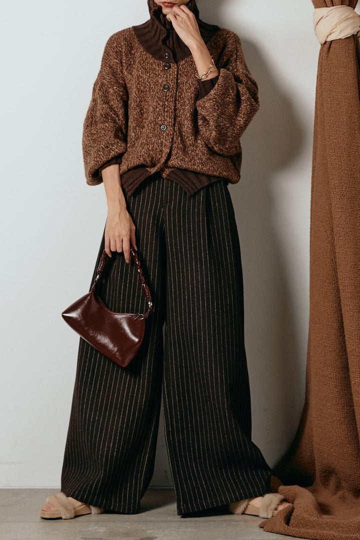 [SET]ハイネックミックスニットカーディガン+ウールライクストライプパンツ(2set)