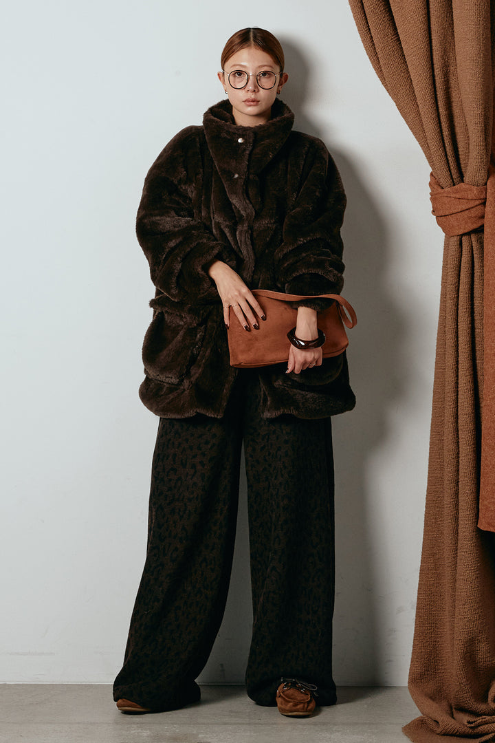 [SET]スタンドネックファーコート+レオパードジャガードニットパンツ(2set)