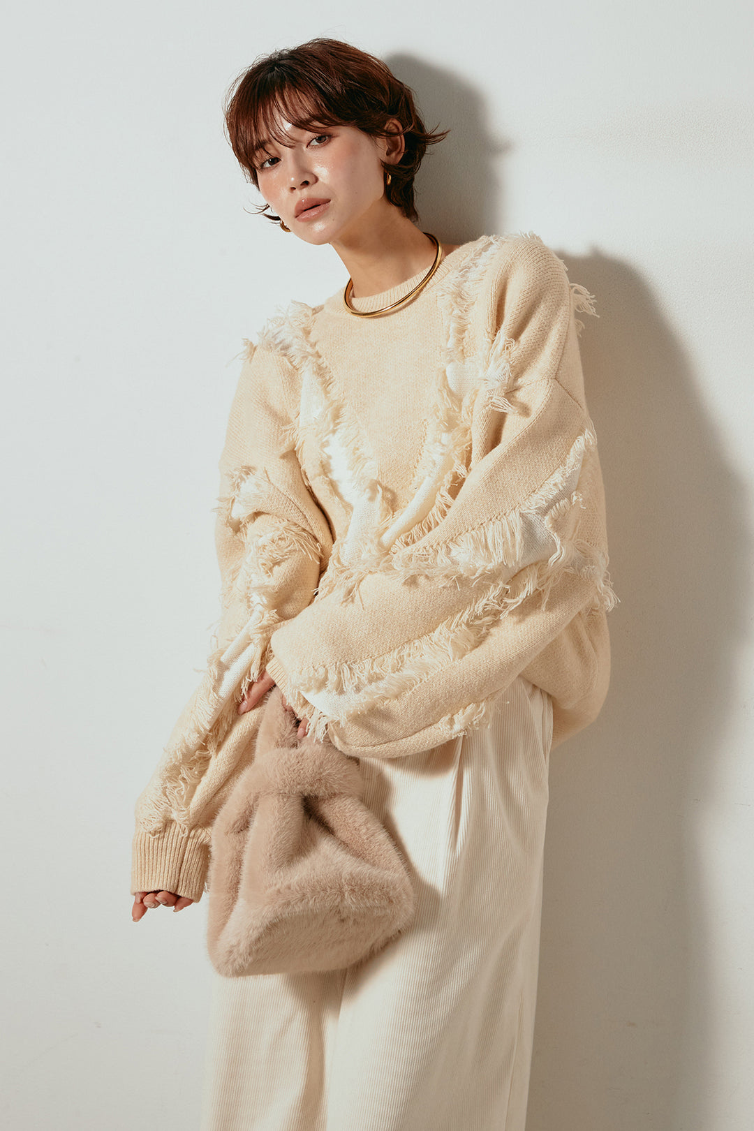 [SET]シャギージャガードニットトップス+太ベルト付きコーデュロイタックパンツ(2set)