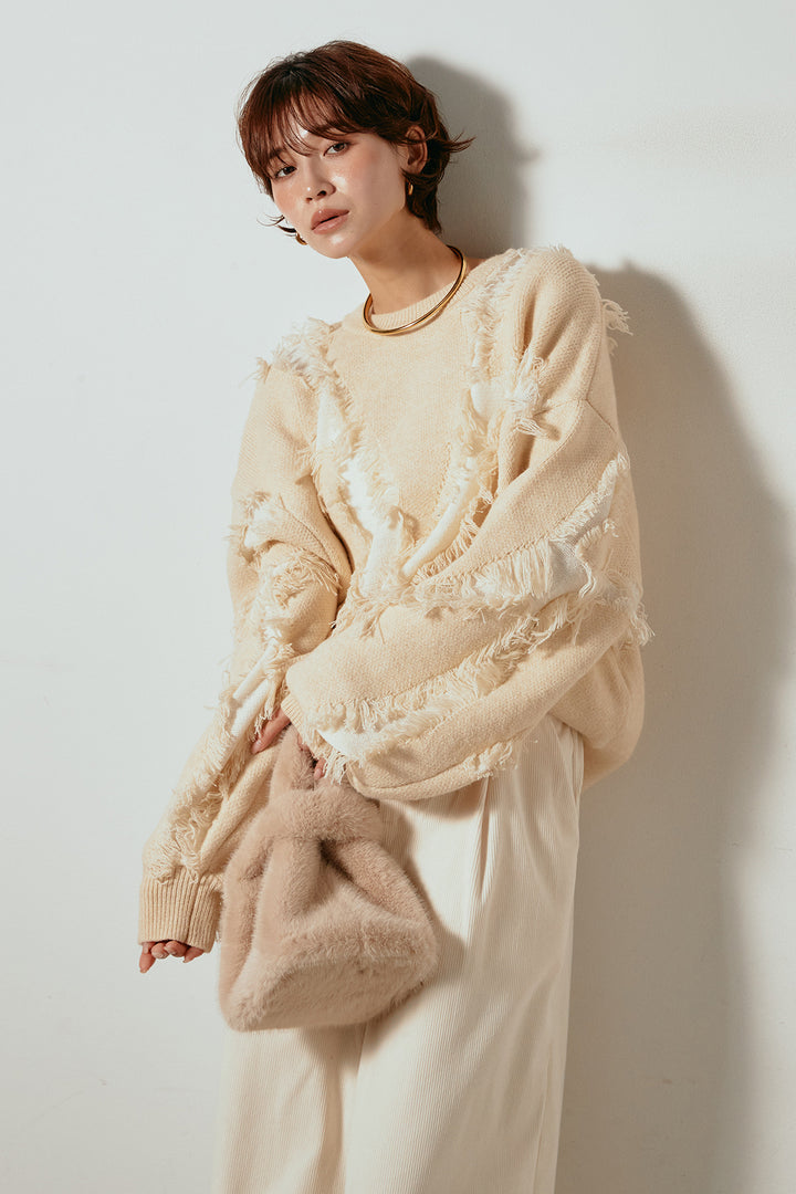 [SET]シャギージャガードニットトップス+太ベルト付きコーデュロイタックパンツ(2set)