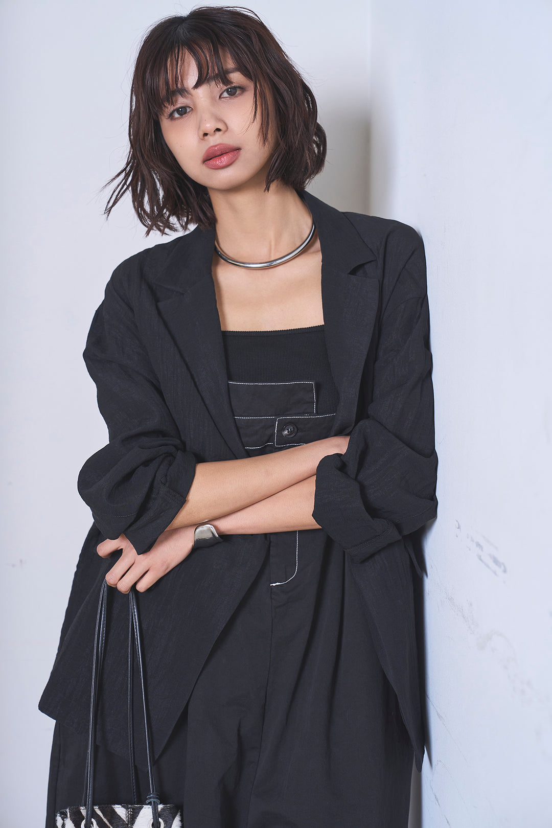 [SET]リネンブレンドテーラードシアージャケット+綿ツイルアシメサロペット(2set)