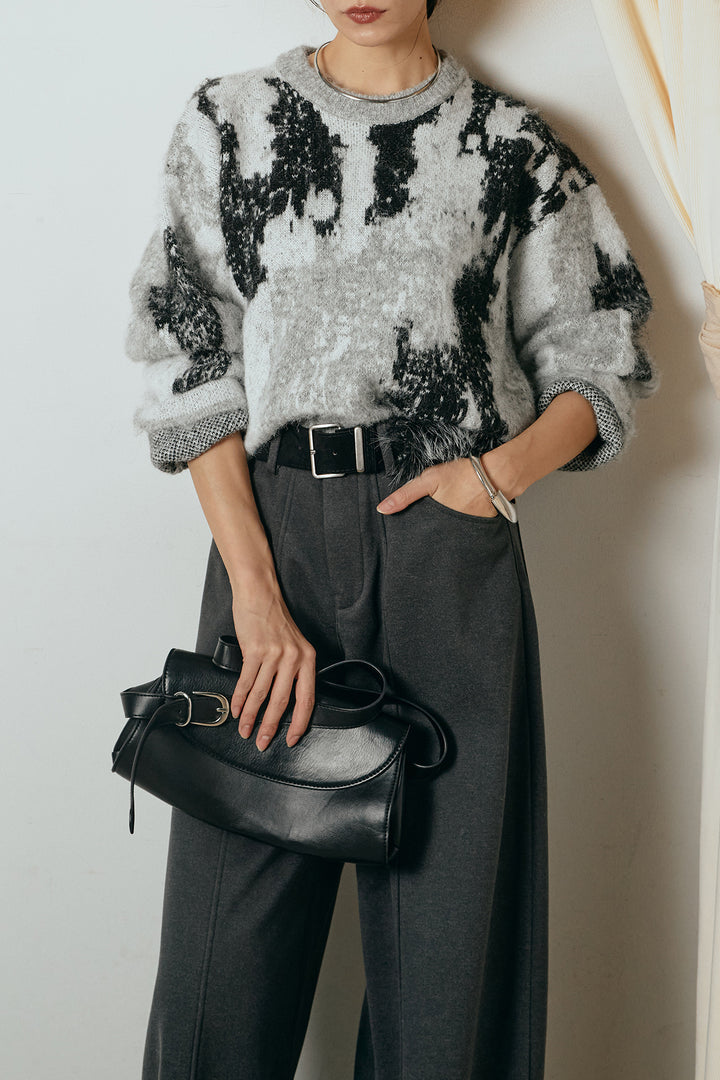 [SET]起毛ニュアンス柄ニットプルオーバー+ファーベルト付きワイドパンツ(2set)