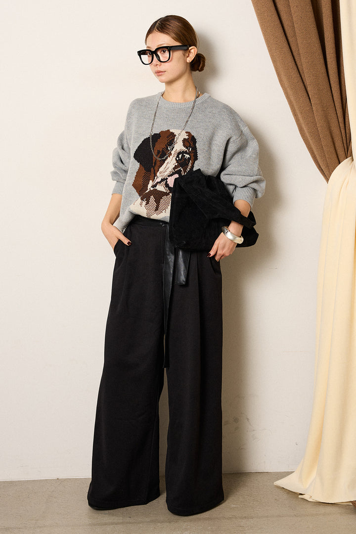 [SET]アニマルジャガード柄ニットトップス+巻ベルトウエストレザーライクワイドパンツ(2set)