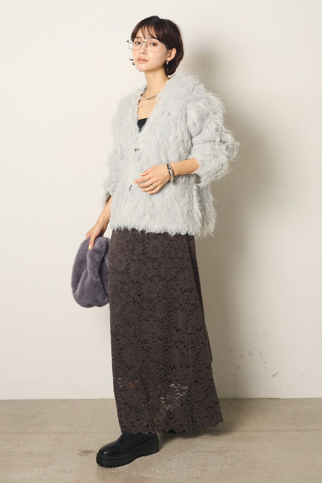 [SET]起毛シャギーニットカーディガン+花柄刺繍ベロアフレアスカート(2set)