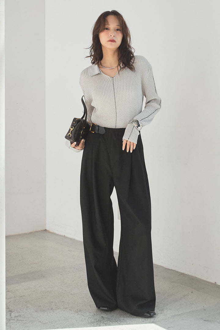 [SET]衿付きニットプルオーバー+サイドベルトタック入りスラックス(2set)