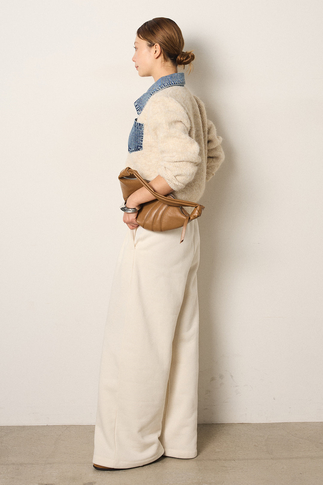 [SET]襟付きデニム切替ニットカーディガン+裏起毛スウェットワイドパンツ(2set)