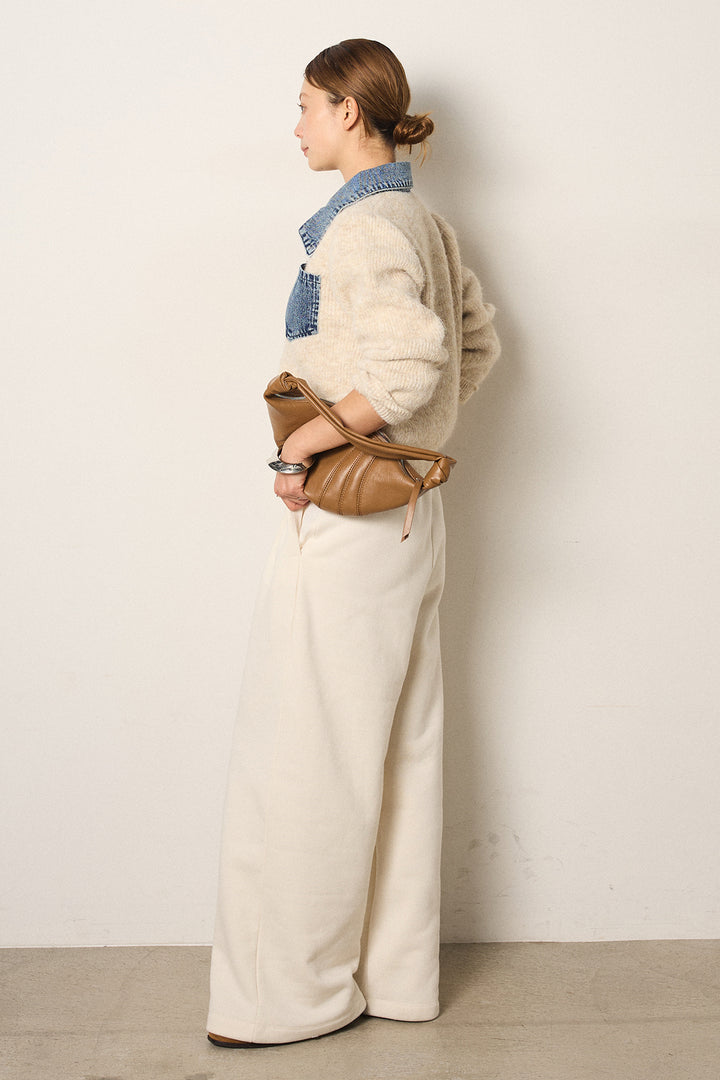 [SET]襟付きデニム切替ニットカーディガン+裏起毛スウェットワイドパンツ(2set)