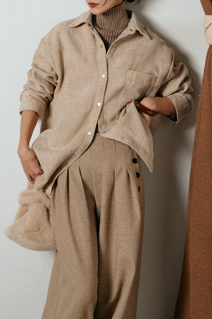 [SET]ルーズクラッシュツイルシャツ+リブニットシームレスタートルプルオーバー+サイドボタンツイードタックパンツ(3set)