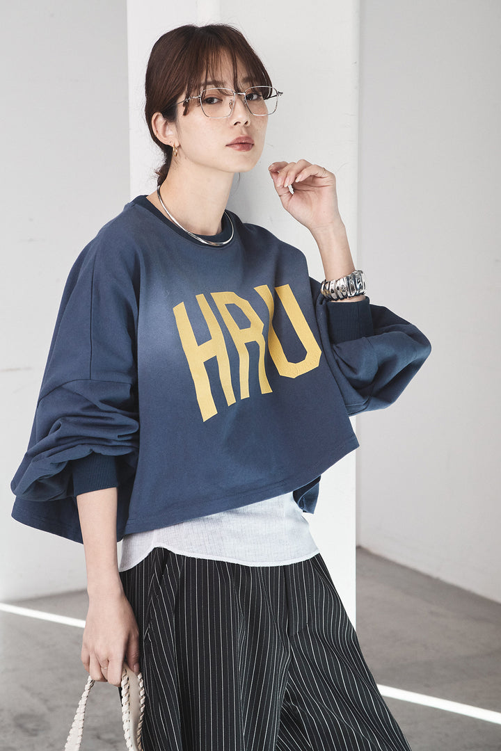 [SET]ビッグロゴHRU袖ボリュームトップス+ヘリンボーンストライプツータックパンツ(2set)