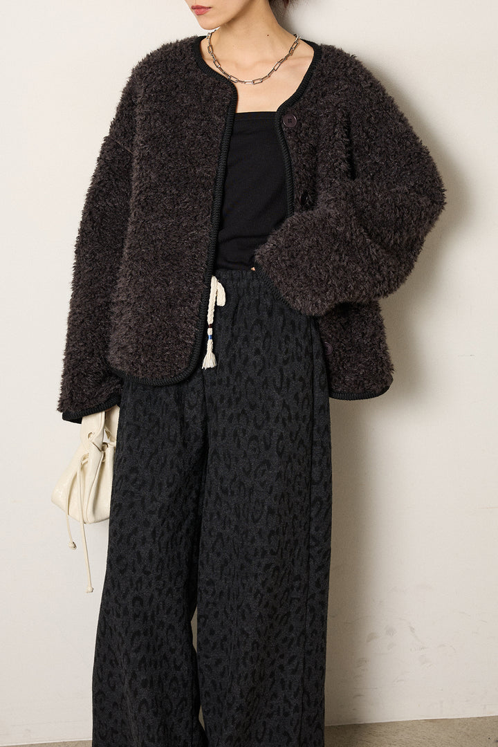 [SET]ノーカラー裏地レオパードボアアウター+レオパードジャガードニットパンツ(2set)