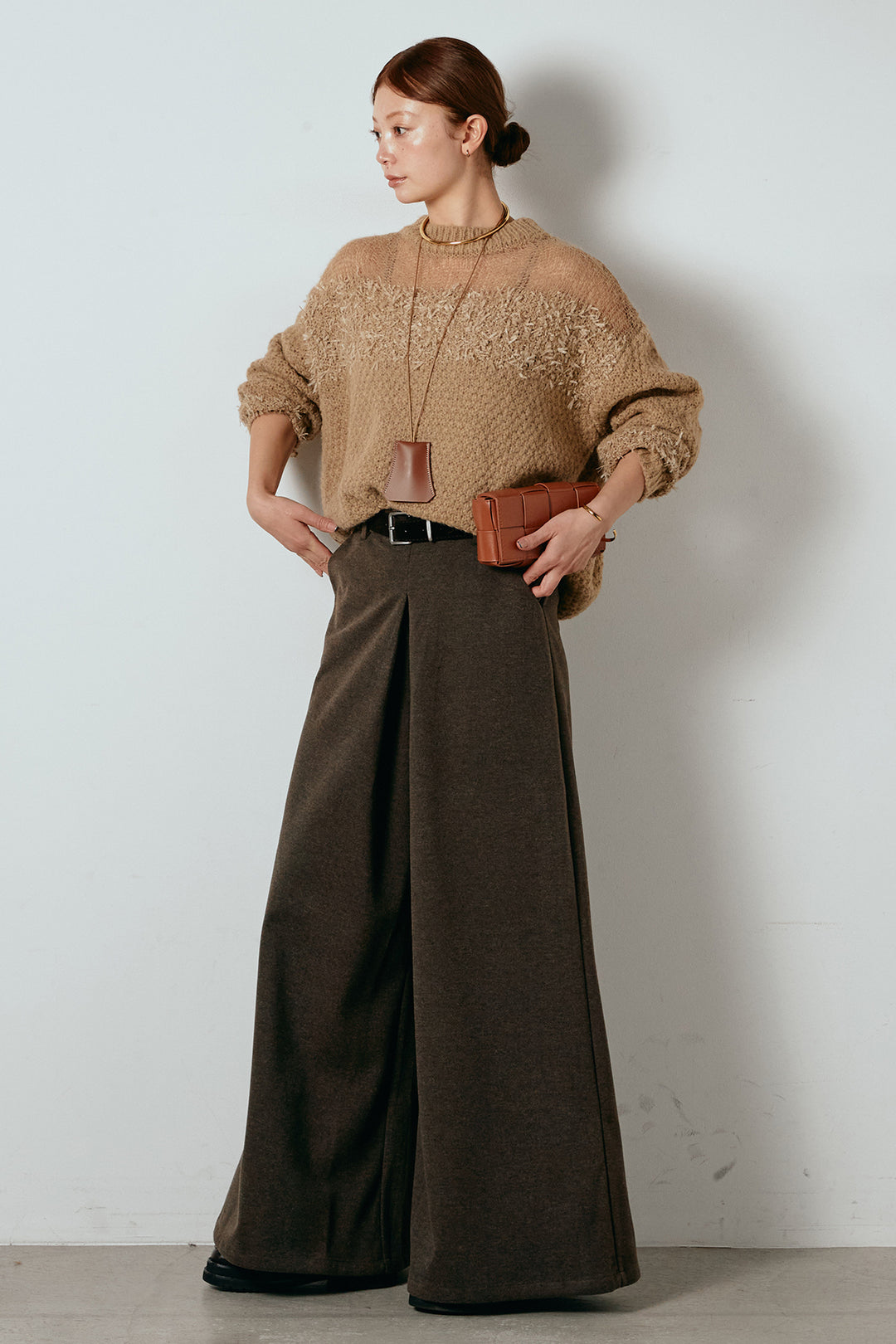 [SET]パターンランダム編みニットトップス+ベルト付きフロントタックデザインパンツ(2set)