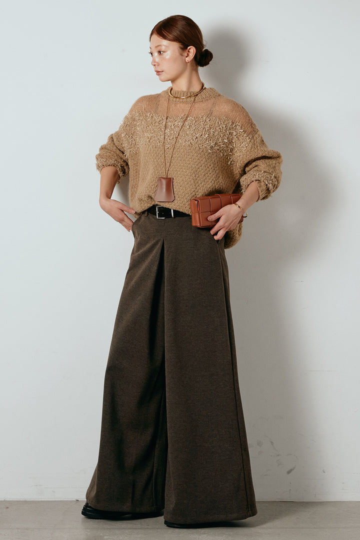 [SET]パターンランダム編みニットトップス+ベルト付きフロントタックデザインパンツ(2set)