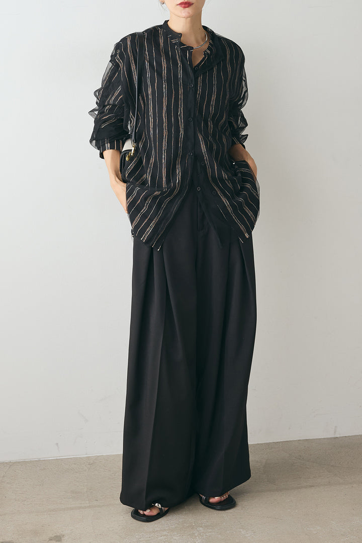 [SET]バンドカラー手書き風ライン柄シャツ+バンドカラー重ねシアーシャツ+フェイクレザーベルトセンタータックパンツ(3set)