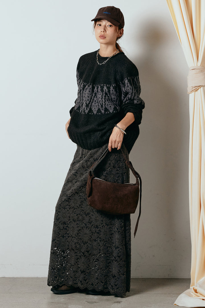 [SET]モノトーン柄ニットトップス+花柄刺繍ベロアフレアスカート(2set)