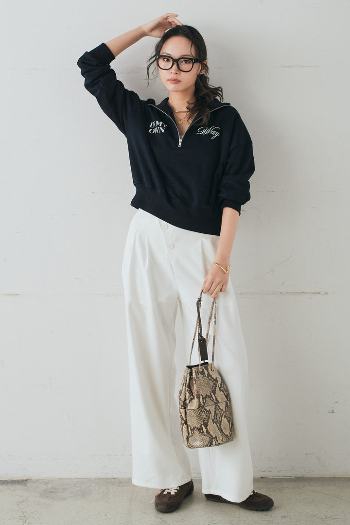 [SET]裏毛ロゴ刺繍ハーフZIPスウェット+斜めボタンタック入りスラックス(2set)