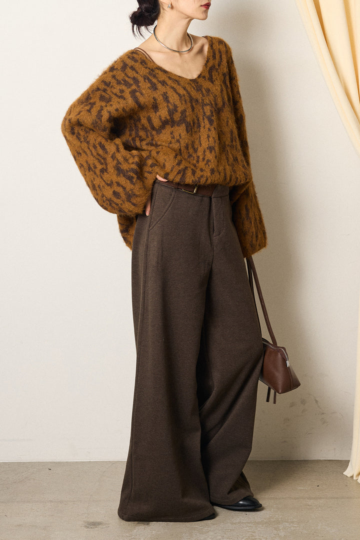 [SET]フラッフィーレオパードシャギーニット+サイドベルトパンツ(2set)