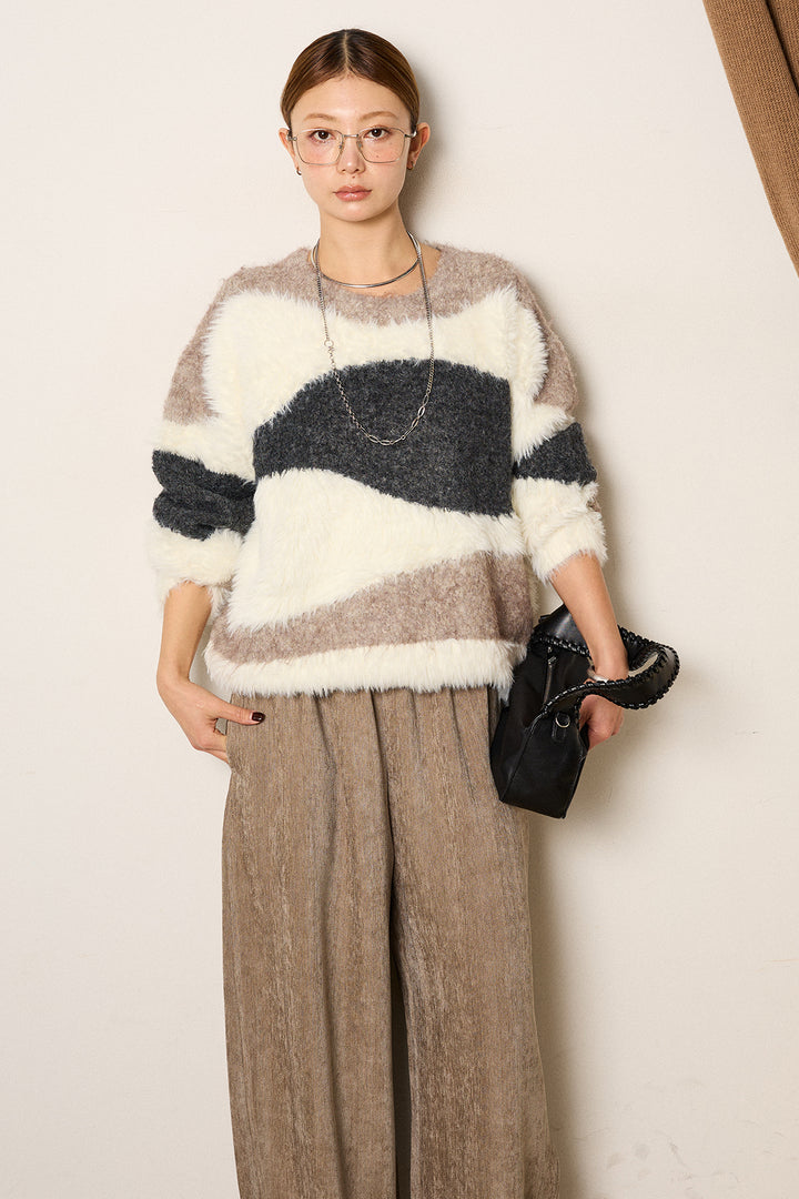 [SET]シャギーウェーブ柄クルーネックニットトップス+かすれデザインワイドパンツ(2set)