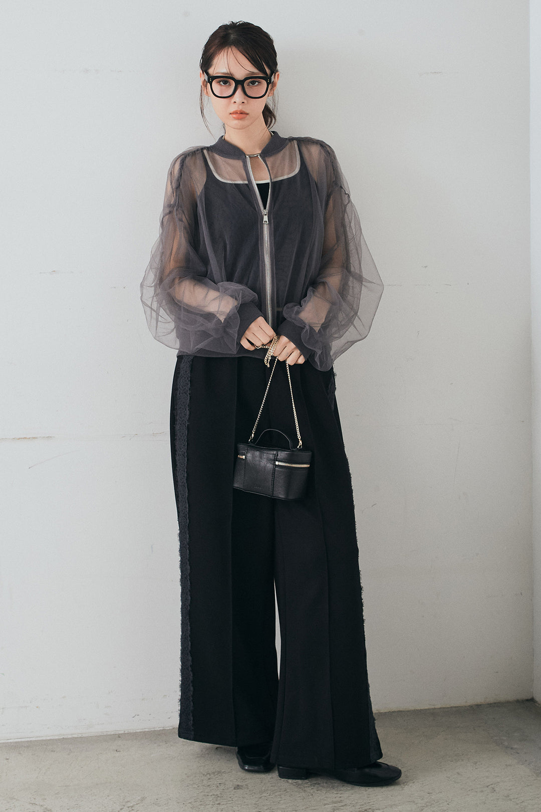 [SET]エアリーチュールスリーブシアーブルゾン+Wフェイスカットソーサイドレースラインパンツ(2set)