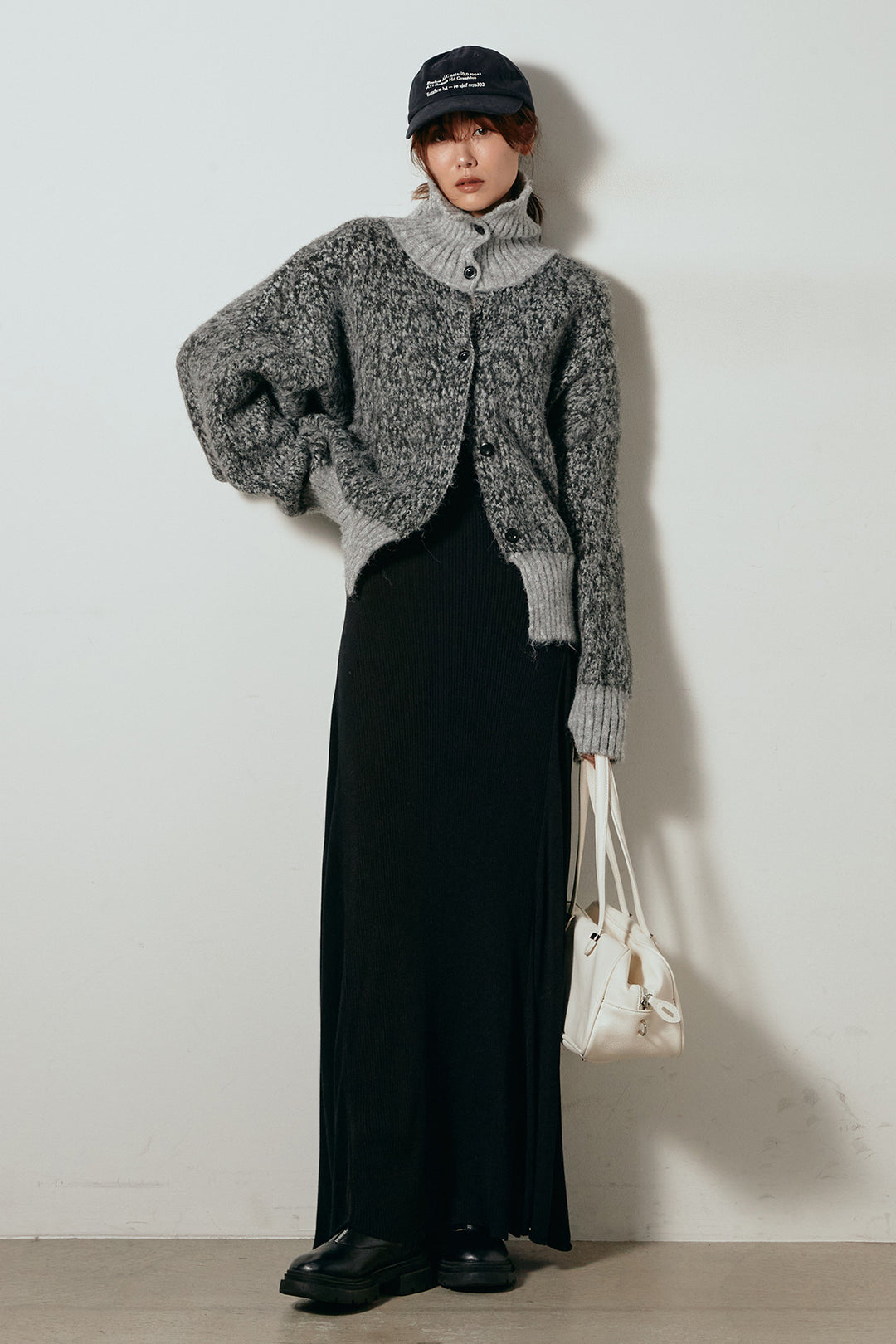 [SET]ハイネックミックスニットトップス+サイド切り替えリブニットロングスカート(2set)