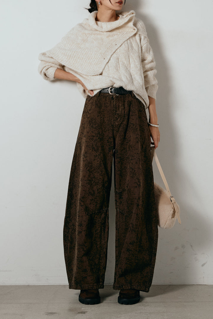 [SET]ケープデザインケーブルニットトップス+ベルト付きニュアンス柄カーブワイドパンツ(2set)