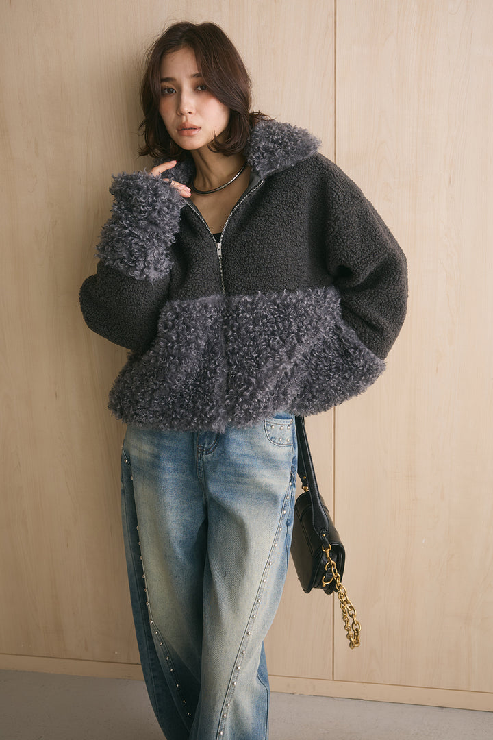 [SET]ボア×プードルファーパッチワークブルゾン+スタッズデザインカーブデニムワイドパンツ(2set)