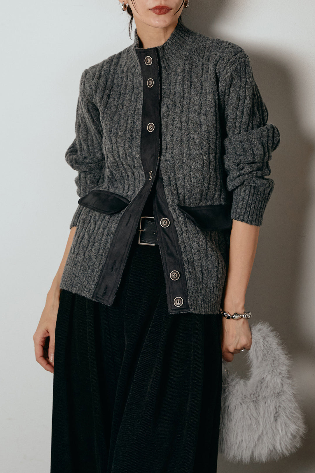 [SET]ボトルネックケーブルニットカーディガン+ベルトループコーデュロイワイドパンツ(2set)