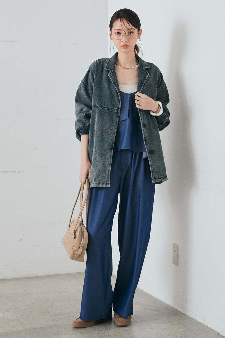[SET]オーバーデニムジャケット+デニムライクツイルタックパンツ+デニムライクツイルティアードキャミソール(3set)